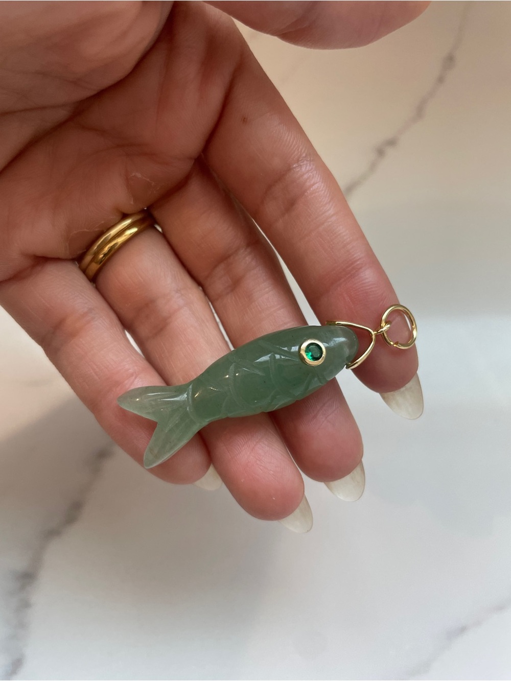 Hand-Carved Jade Fish Pendant Charm w/ Green Zircon Eye, 18K Gold Plated